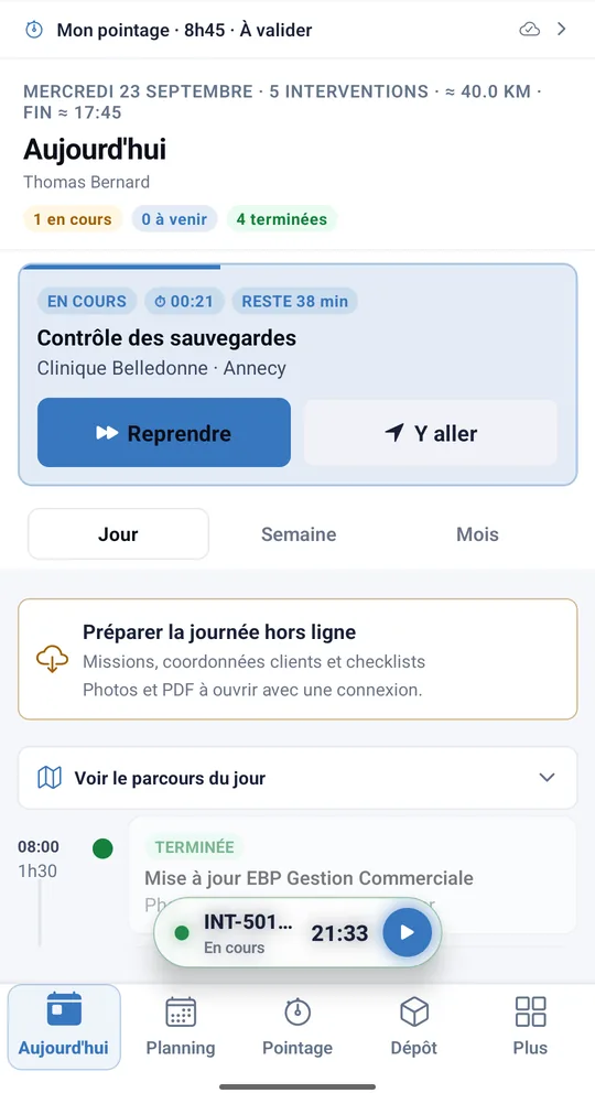 Écran Aujourd'hui du technicien avec l'intervention en cours